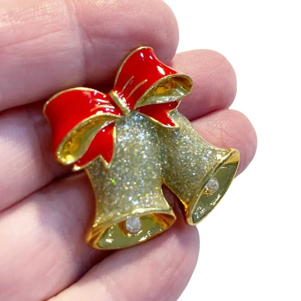 Vintage Avon Christmas Bell Brooch Goldtone Red Enamel & Rhinestones Festive Pin